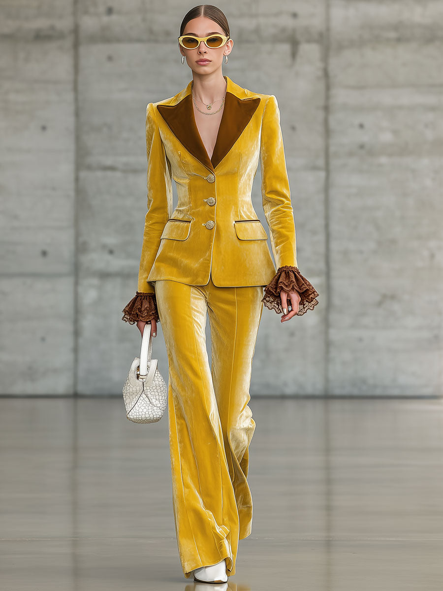 Elegant Retro Lace Ruffled Color-blocked Yellow Velvet Blazer