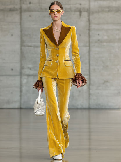 Elegant Retro Lace Ruffled Color-blocked Yellow Velvet Blazer