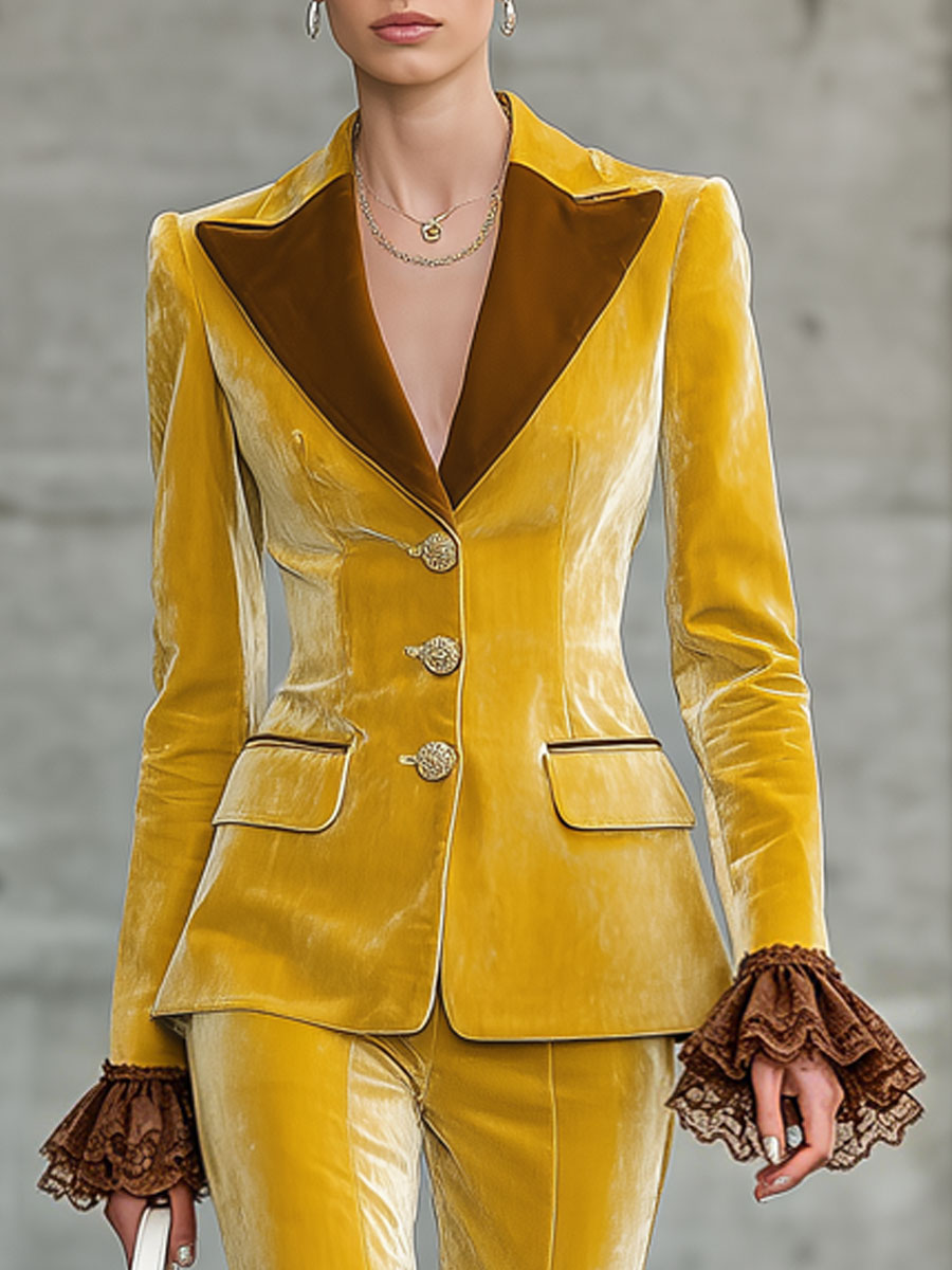 Elegant Retro Lace Ruffled Color-blocked Yellow Velvet Blazer