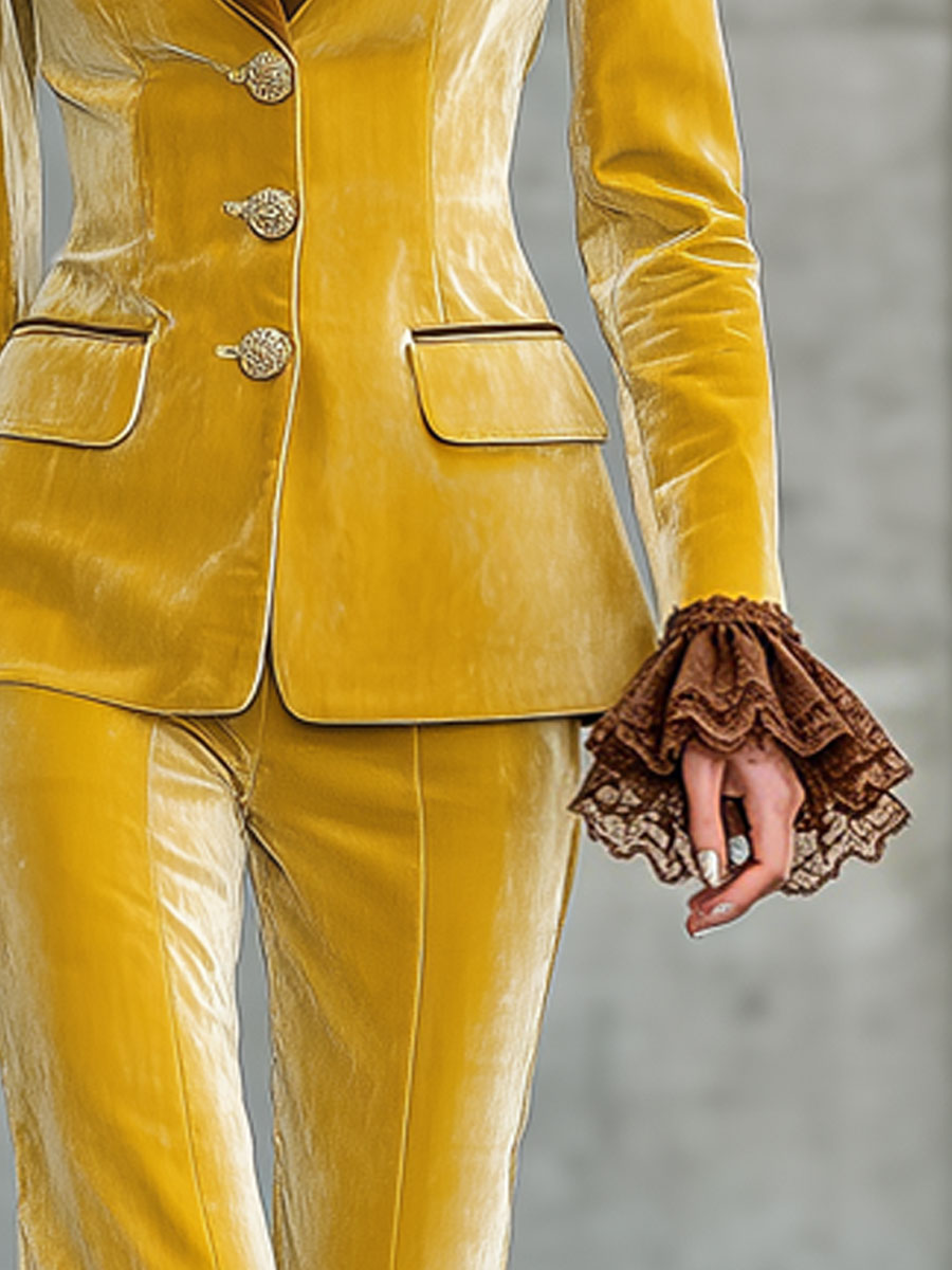Elegant Retro Lace Ruffled Color-blocked Yellow Velvet Blazer