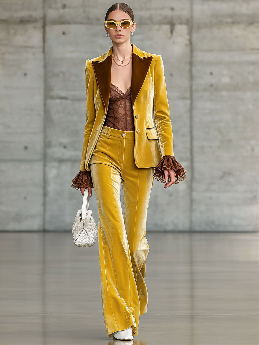 Elegant Retro Lace Ruffled Color-blocked Yellow Velvet Blazer