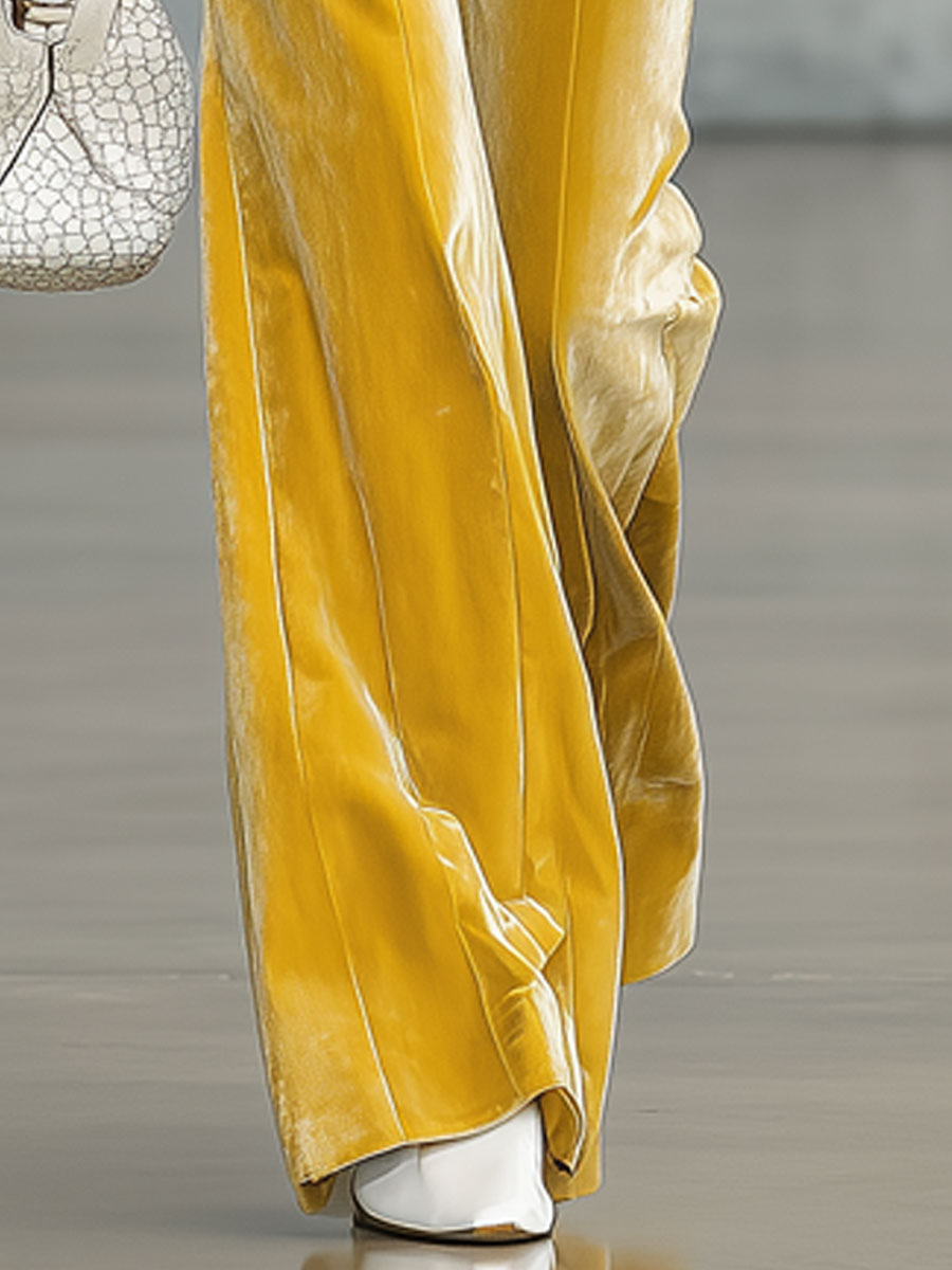 Elegant Retro Yellow Velvet Flared Pants