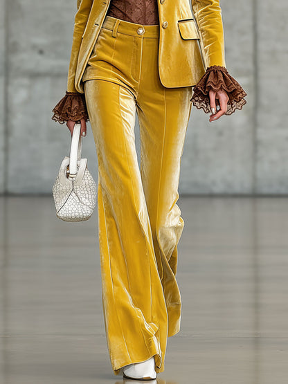 Elegant Retro Yellow Velvet Flared Pants
