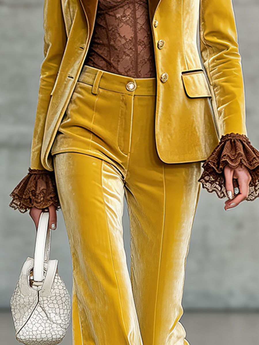 Elegant Retro Yellow Velvet Flared Pants