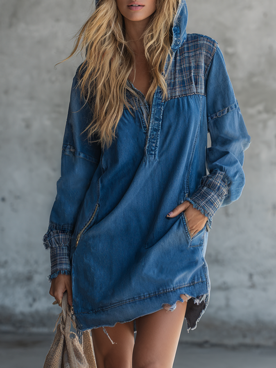 Retro Medium-blue Hooded Plaid-paneled Distressed Loose Denim Dress