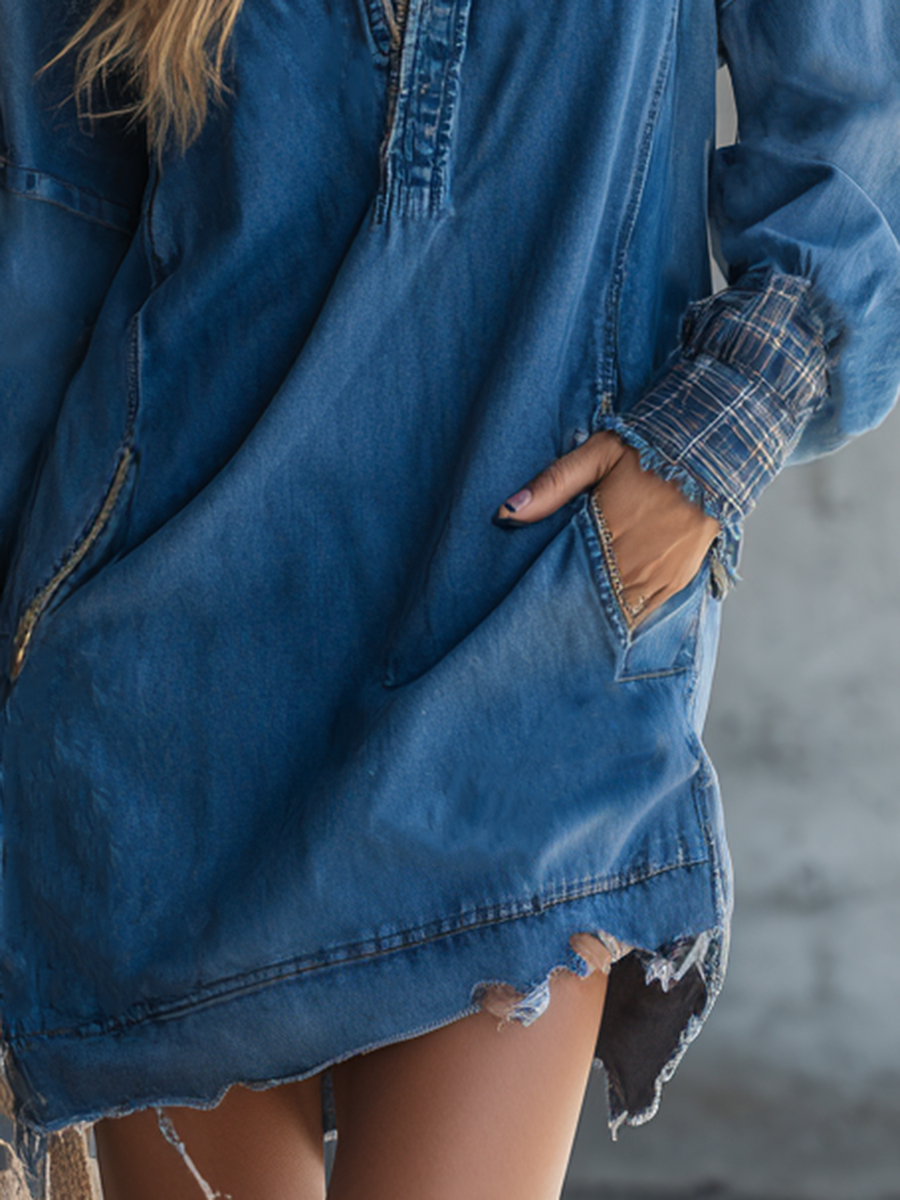 Retro Medium-blue Hooded Plaid-paneled Distressed Loose Denim Dress