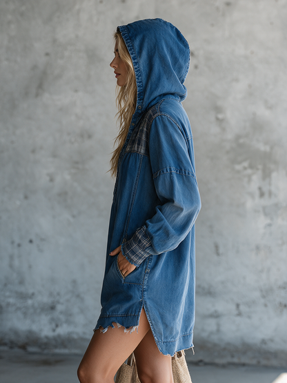 Retro Medium-blue Hooded Plaid-paneled Distressed Loose Denim Dress