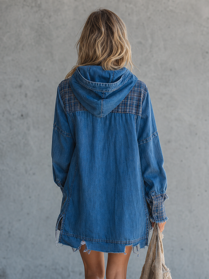 Retro Medium-blue Hooded Plaid-paneled Distressed Loose Denim Dress