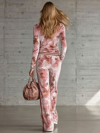 Casual Retro Half-Zip Pink Camouflage Sweatshirt And Pants Set