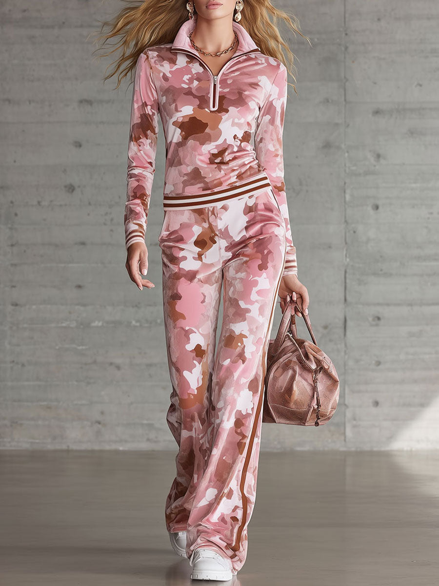 Casual Retro Half-Zip Pink Camouflage Sweatshirt And Pants Set