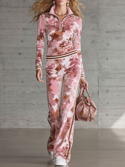 Casual Retro Half-Zip Pink Camouflage Sweatshirt And Pants Set