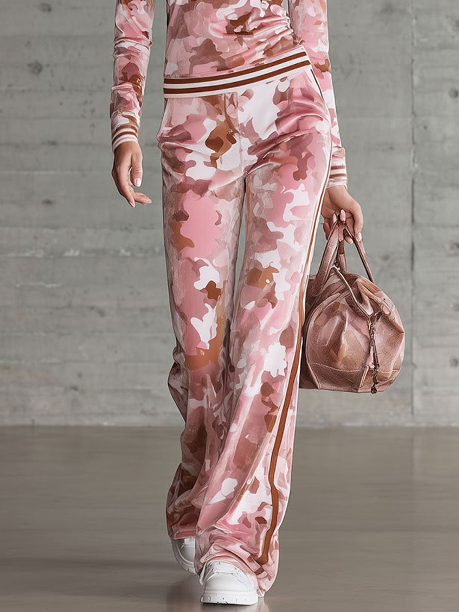Casual Retro Half-Zip Pink Camouflage Sweatshirt And Pants Set