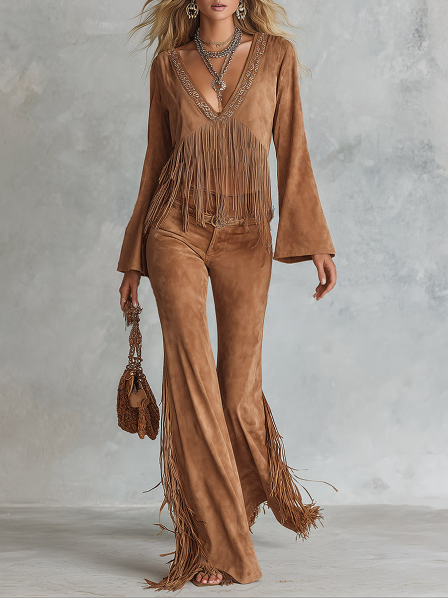 Deep V-Neck Fringe Faux Suede Top &amp; Flare Pants Two-Piece Set