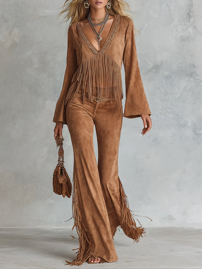 Deep V-Neck Fringe Faux Suede Top &amp; Flare Pants Two-Piece Set