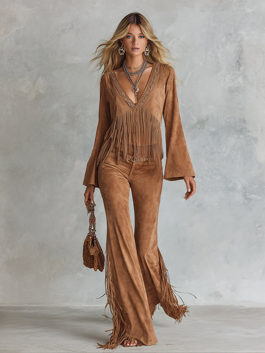 Deep V-Neck Fringe Faux Suede Top &amp; Flare Pants Two-Piece Set