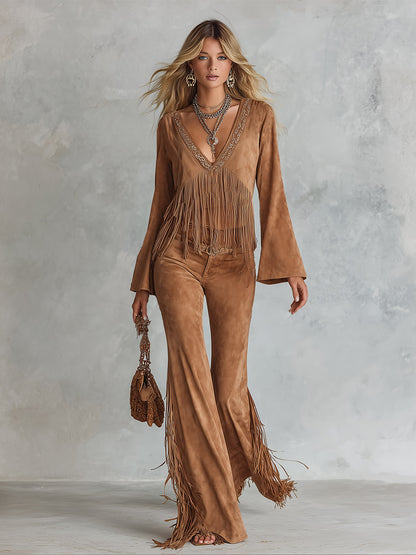Deep V-Neck Fringe Faux Suede Top &amp; Flare Pants Two-Piece Set