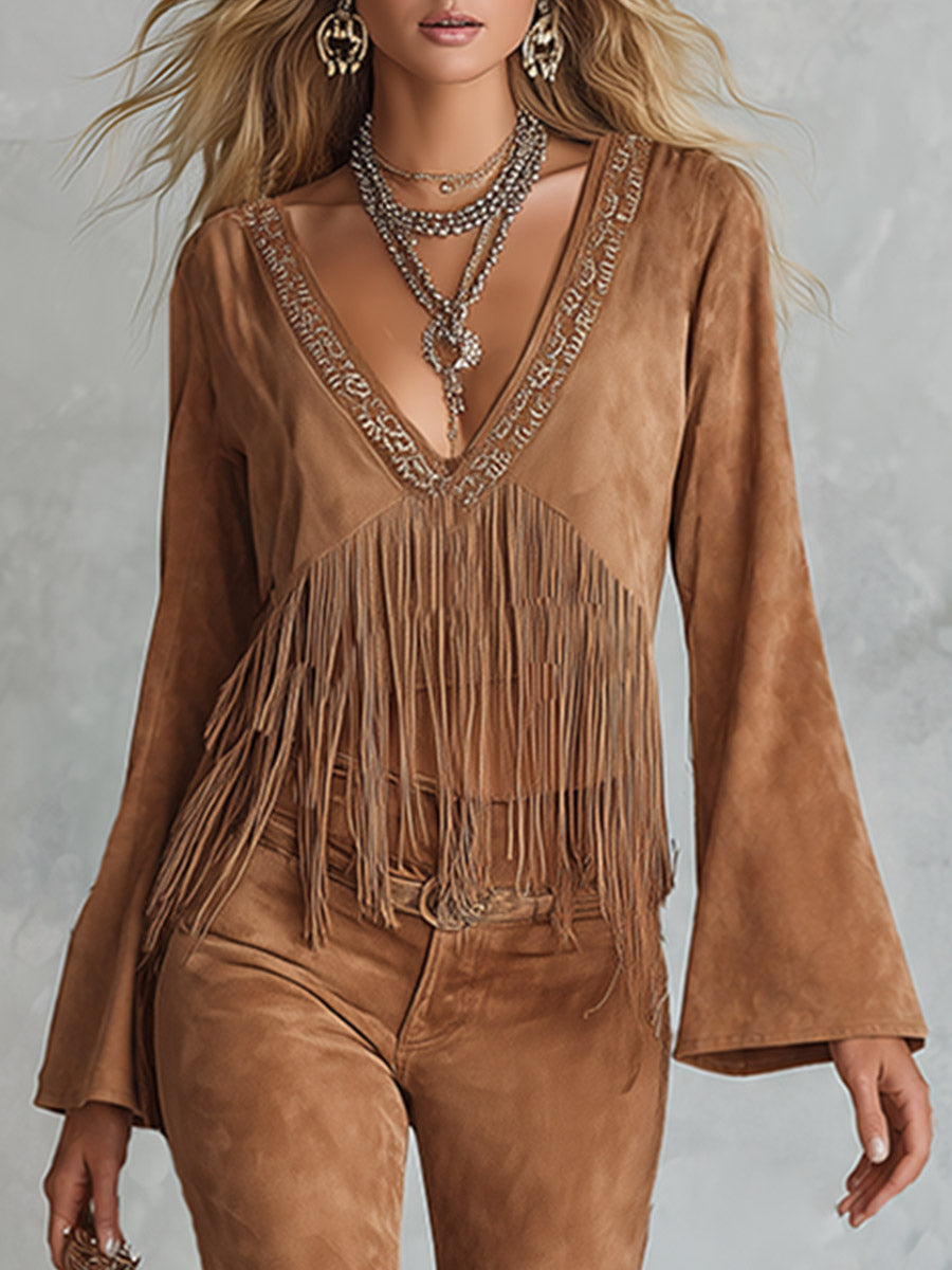 Deep V-Neck Fringe Faux Suede Top &amp; Flare Pants Two-Piece Set