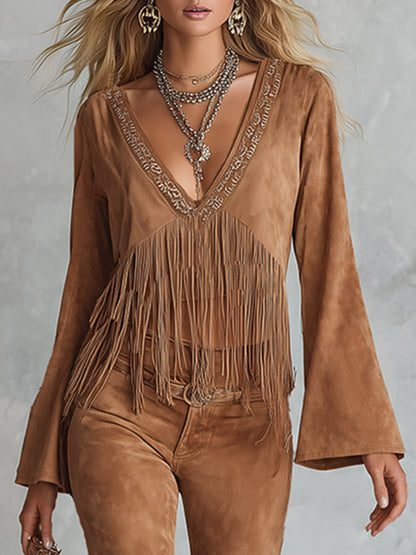 Deep V-Neck Fringe Faux Suede Top &amp; Flare Pants Two-Piece Set