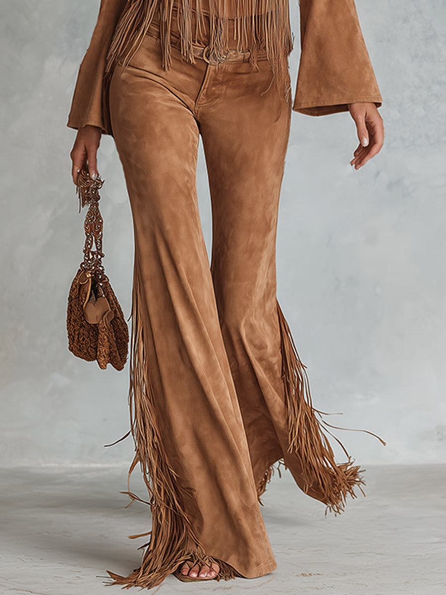 Deep V-Neck Fringe Faux Suede Top &amp; Flare Pants Two-Piece Set