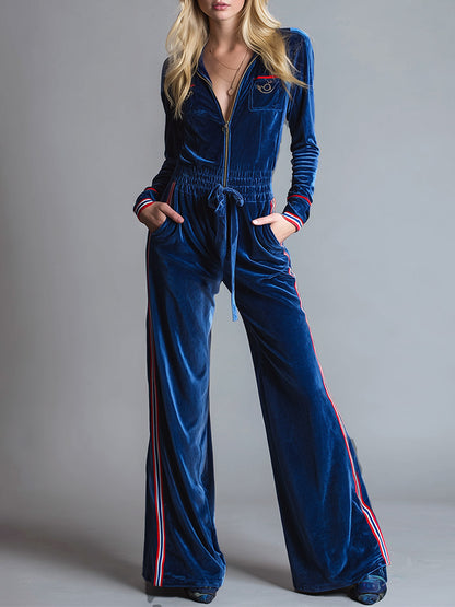 Retro Casual Sport-Trim Blue Velvet Wide-Leg Jumpsuit