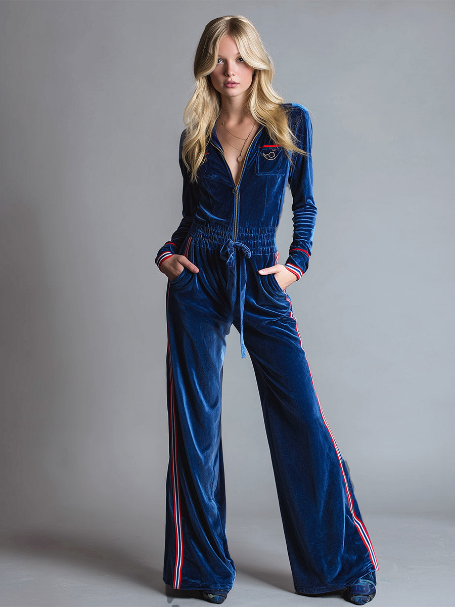 Retro Casual Sport-Trim Blue Velvet Wide-Leg Jumpsuit