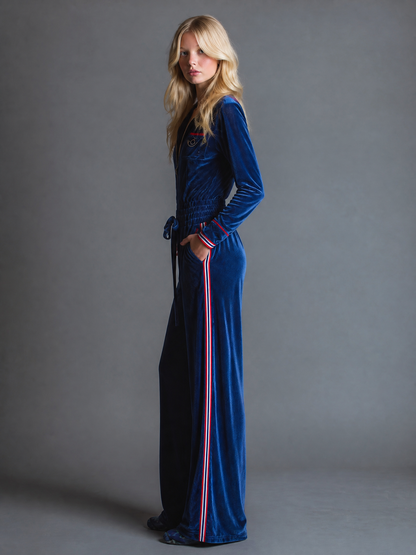 Retro Casual Sport-Trim Blue Velvet Wide-Leg Jumpsuit