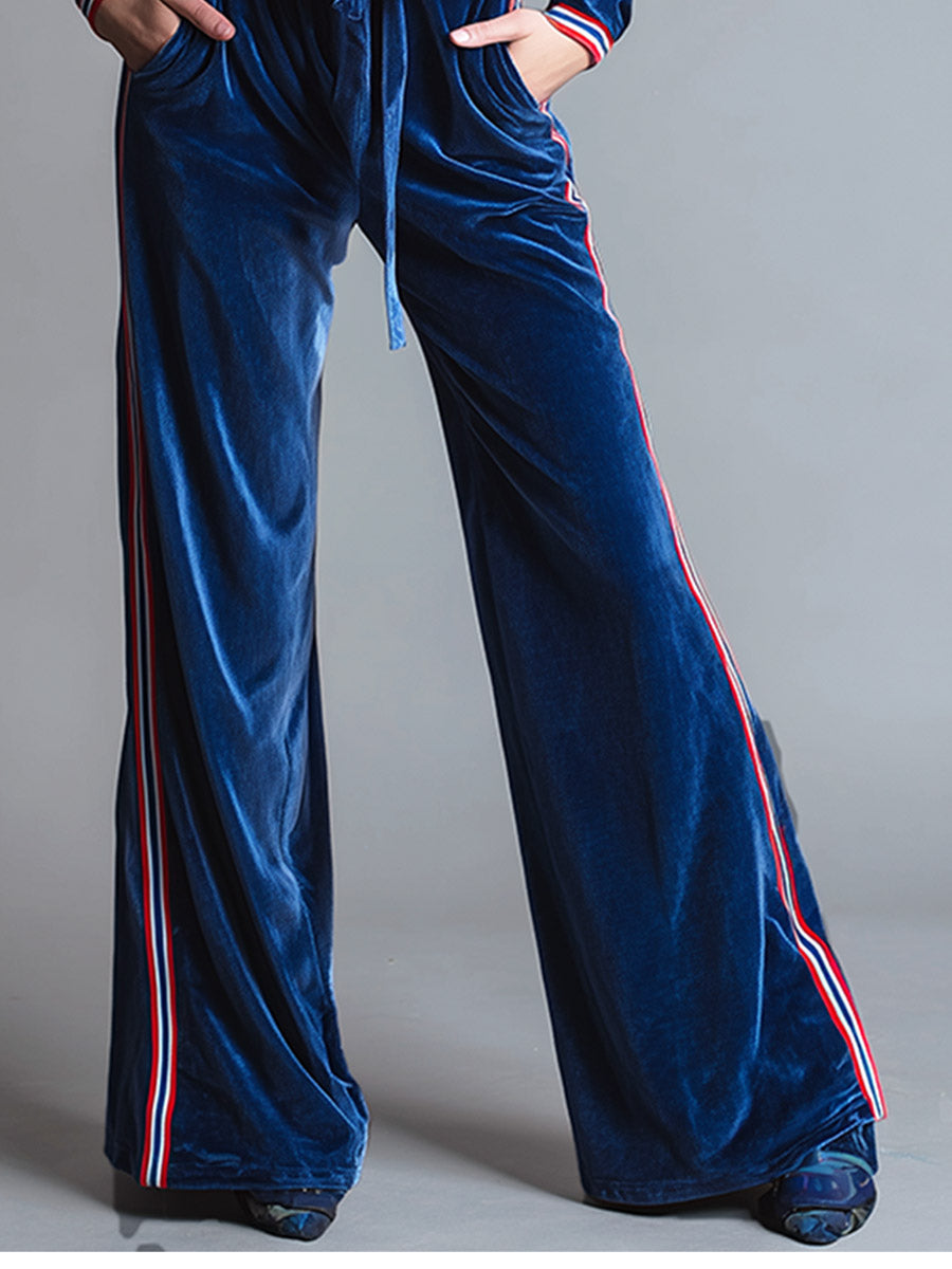 Retro Casual Sport-Trim Blue Velvet Wide-Leg Jumpsuit