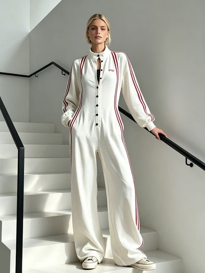 Sporty Retro Red Striped White Cotton Long-sleeved Embroidered Jumpsuit