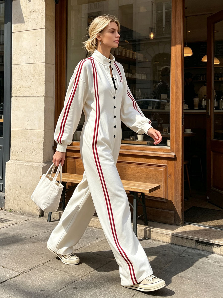 Sporty Retro Red Striped White Cotton Long-sleeved Embroidered Jumpsuit