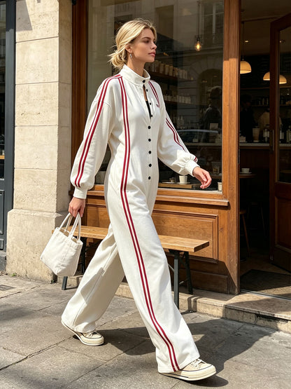 Sporty Retro Red Striped White Cotton Long-sleeved Embroidered Jumpsuit