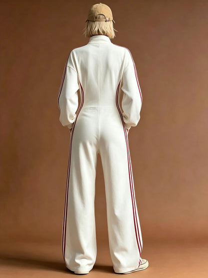 Sporty Retro Red Striped White Cotton Long-sleeved Embroidered Jumpsuit