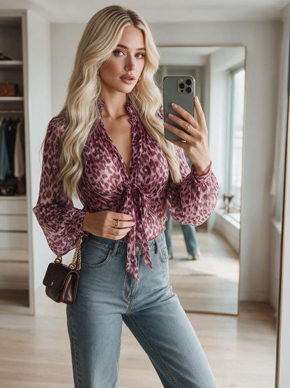 Retro-elegant Pink Leopard Print Tie-waist V-neck Long-sleeved Chiffon Blouse