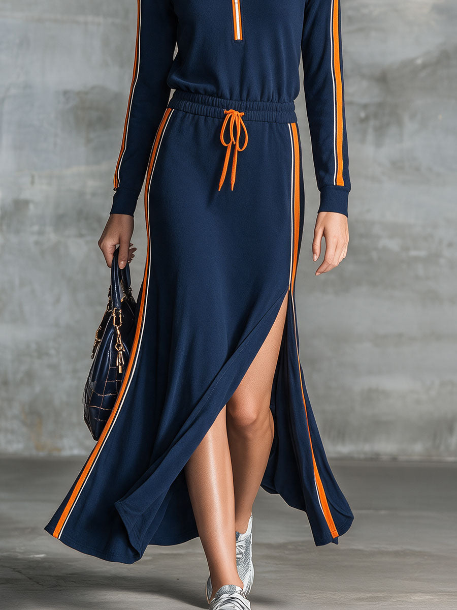 Casual Retro Color-blocked Ribbon Blue Lapel Long-sleeved Zippered Cotton Maxi Dress