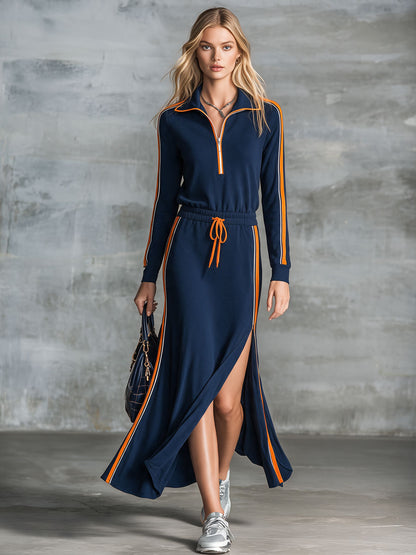 Casual Retro Color-blocked Ribbon Blue Lapel Long-sleeved Zippered Cotton Maxi Dress