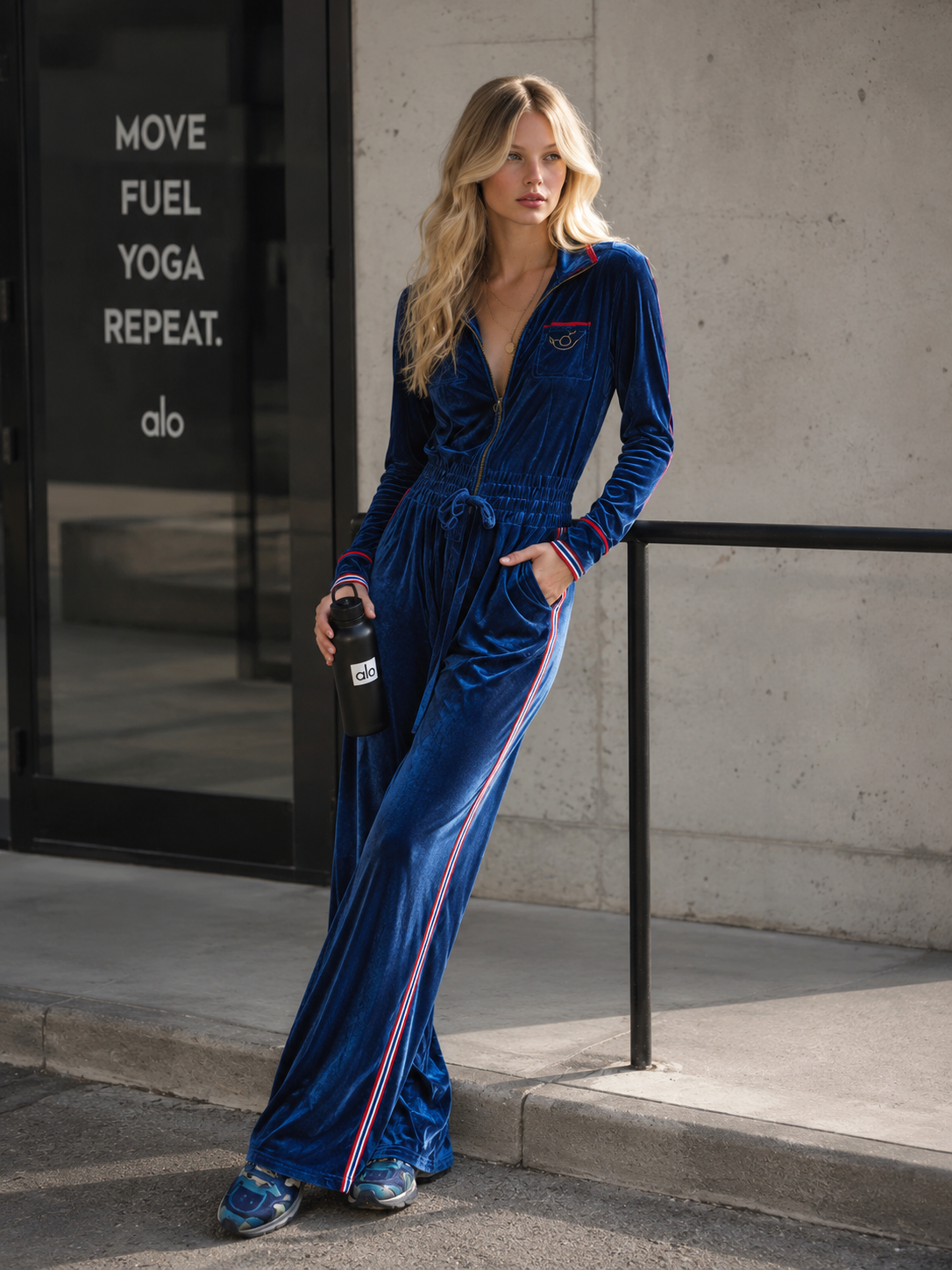 Retro Casual Sport-Trim Blue Velvet Wide-Leg Jumpsuit