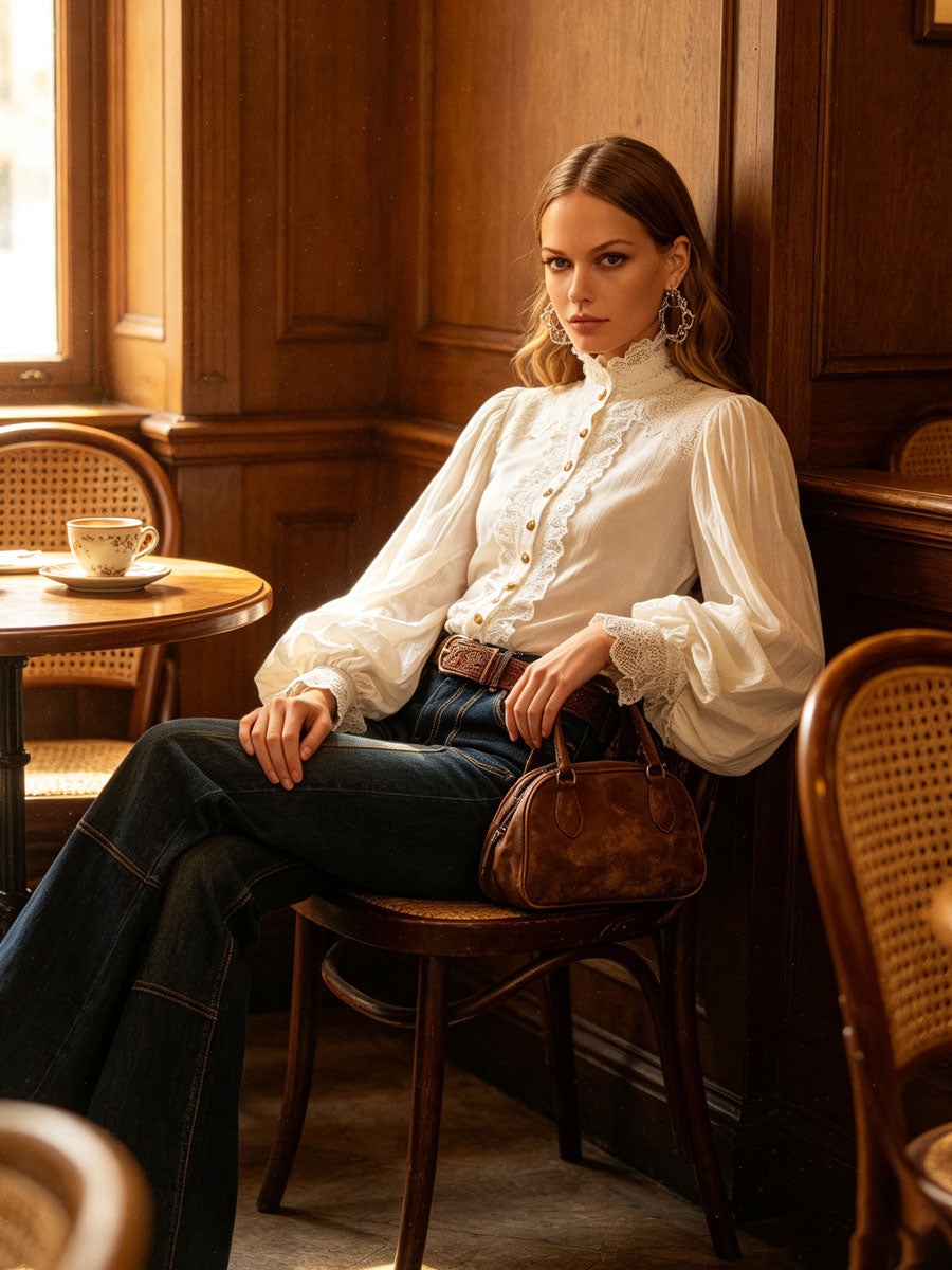 Retro-style Lace Lantern Long-sleeved White Shirt