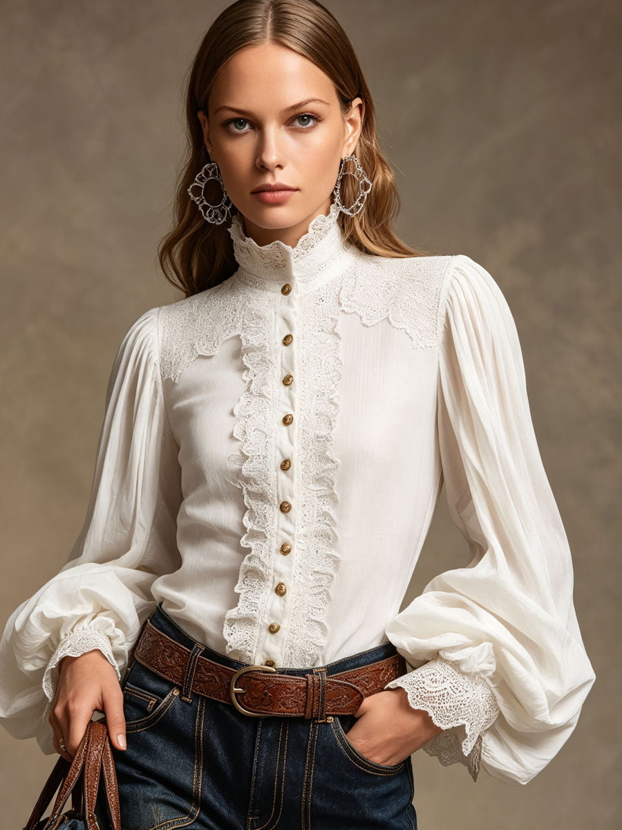 Retro-style Lace Lantern Long-sleeved White Shirt