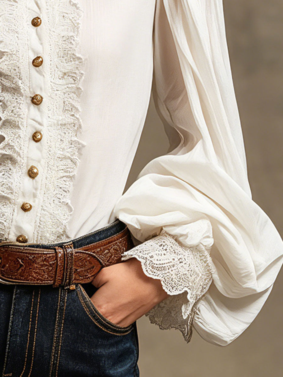 Retro-style Lace Lantern Long-sleeved White Shirt
