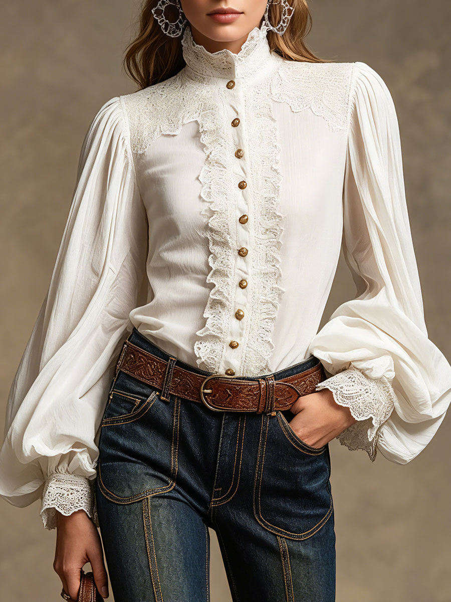 Retro-style Lace Lantern Long-sleeved White Shirt