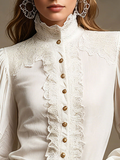 Retro-style Lace Lantern Long-sleeved White Shirt