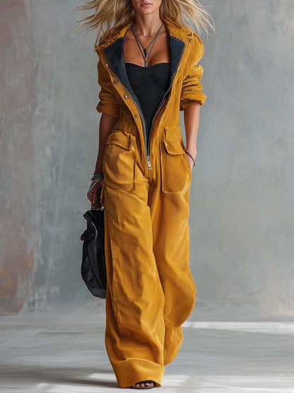 Retro Mustard Corduroy Hooded Zip-Front Wide-Leg Utility Jumpsuit With Pockets