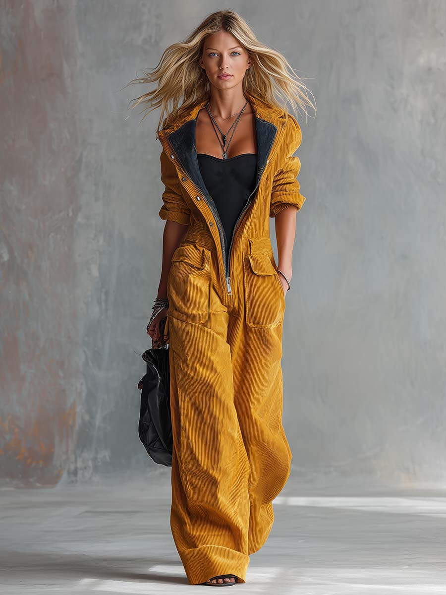 Retro Mustard Corduroy Hooded Zip-Front Wide-Leg Utility Jumpsuit With Pockets