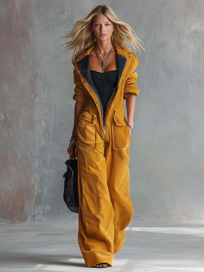 Retro Mustard Corduroy Hooded Zip-Front Wide-Leg Utility Jumpsuit With Pockets