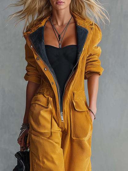 Retro Mustard Corduroy Hooded Zip-Front Wide-Leg Utility Jumpsuit With Pockets