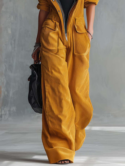 Retro Mustard Corduroy Hooded Zip-Front Wide-Leg Utility Jumpsuit With Pockets