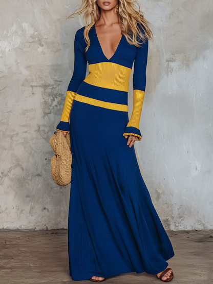Retro-casual Elegant Western-style Color-block Knit Dress