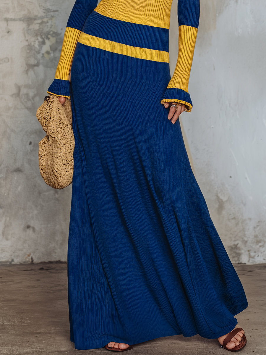 Retro-casual Elegant Western-style Color-block Knit Dress