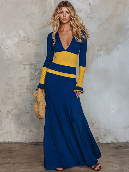 Retro-casual Elegant Western-style Color-block Knit Dress