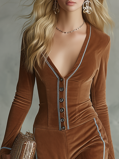 Retro-chic Western-style Brown Velvet Jumpsuit