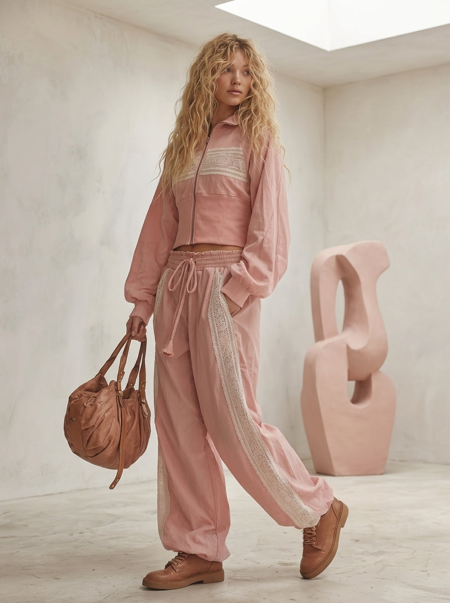 Vintage-style Casual-elegant Western-inspired Cotton Sweatshirt And Lace-paneling Set
